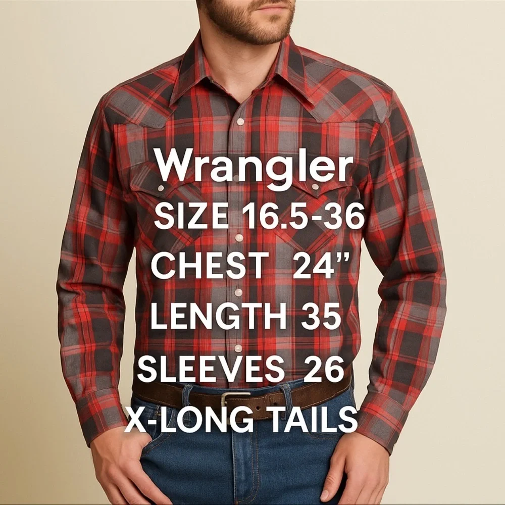 Wrangler Men’s Cowboy Cut Western Shirt Red Gray Plaid X-Long Tails 16.5x36